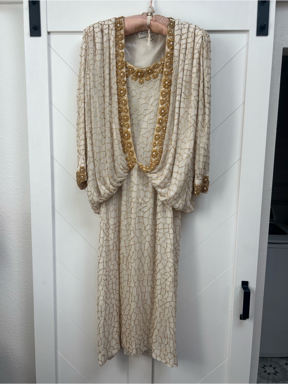 Lillie Rubin Ivory and Gold Beaded Long Sleeve Dress